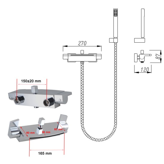 Solid Brass Bathroom Square Chrome Mixer Diverter with Waterfall Spout Water Hose Set